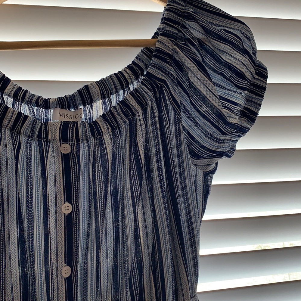 Blues, striped, polyester, maxi dress.
